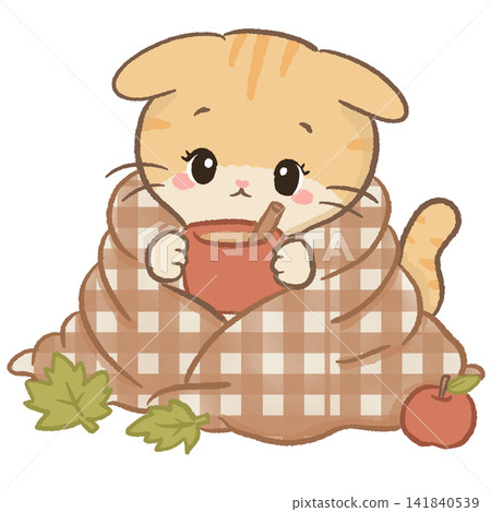Cute Kawaii Orange Tabby Cat Wrapped in a Cozy Gingham Blanket Drinking a Warm Autumn Drink Fall Illustration 141840539