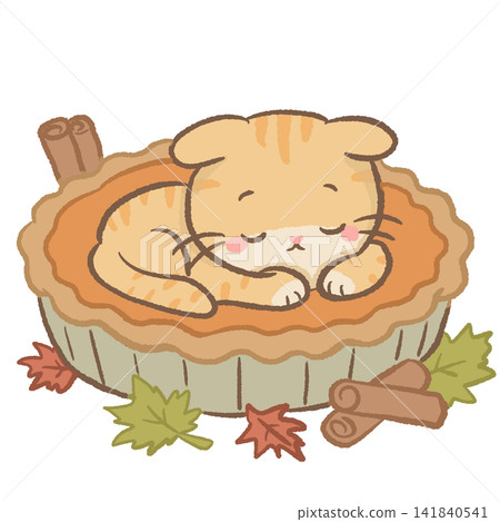 Cute Kawaii Orange Tabby Cat Sleeping in a Cozy Pumpkin Bed with Autumn Leaves and Cinnamon Sticks Illustration Cute Kawaii Orange Tabby Cat Sleeping in a Cozy Pumpkin Bed with Autumn Leaves and Cinnamon Sticks Illustration 141840541