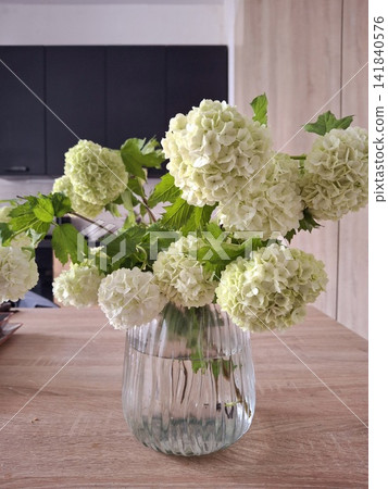 Bouquet of white viburnum in a glass vase on a wooden table Bouquet of white viburnum in a glass vase on a wooden table 141840576