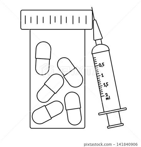 syringe and tablets pills bottle Pharmacy composition hand drawn illustration. Vector graphic line art. background for banners, print for fabric, labels, t-shirt printing. syringe and tablets pills bottle Pharmacy composition hand drawn illustration. Vector graphic line art. background for banners, print for fabric, labels, t-shirt printing. 141840906