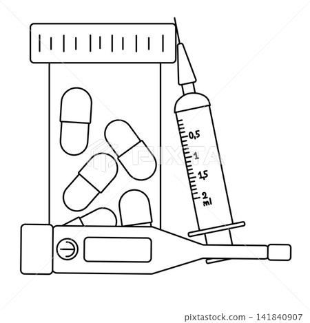 syringe, tablets pills bottle, thermometer Pharmacy composition hand drawn illustration. Vector graphic line art. background for banners, print for fabric, labels, t-shirt printing. syringe, tablets pills bottle, thermometer Pharmacy composition hand drawn illustration. Vector graphic line art. background for banners, print for fabric, labels, t-shirt printing. 141840907
