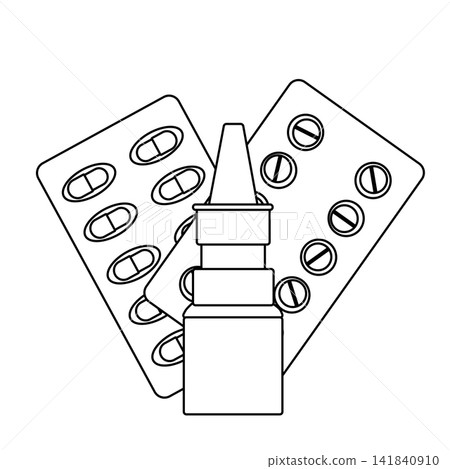 nasal spray medicine, pills blister pack cold and flu treatment Pharmacy composition hand drawn illustration. Vector graphic line art. Perfect for kids designs, prints, cards and education themes. nasal spray medicine, pills blister pack cold and flu treatment Pharmacy composition hand drawn illustration. Vector graphic line art. Perfect for kids designs, prints, cards and education themes. 141840910