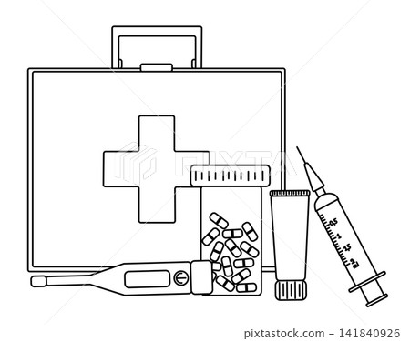 Pharmacy composition hand drawn illustration. Vector graphic line art. case, stethoscope, pills, thermometer, syringe Banner, poster, wrapping paper, sticker, print, modern textile design. Pharmacy composition hand drawn illustration. Vector graphic line art. case, stethoscope, pills, thermometer, syringe Banner, poster, wrapping paper, sticker, print, modern textile design. 141840926