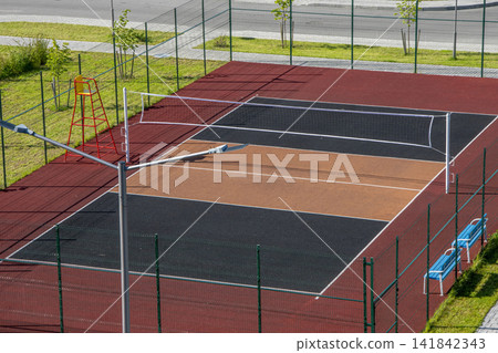 Open city sports field for playing volleyball, top view, General plan. Open city sports field for playing volleyball, top view, General plan. 141842343