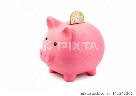 Pink Piggy Bank with Euro Coin Isolated on White Background Pink Piggy Bank with Euro Coin Isolated on White Background 141842801