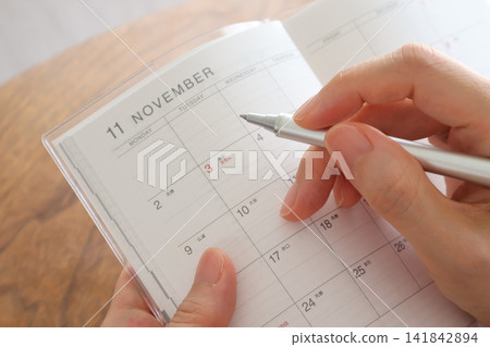 A woman's hand writing in her November schedule book. A woman's hand writing in her November schedule book. 141842894