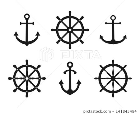 Nautical Anchor And Ship Wheel Icon Set - Black Maritime Symbols On White Background. Nautical Anchor And Ship Wheel Icon Set - Black Maritime Symbols On White Background. 141843484