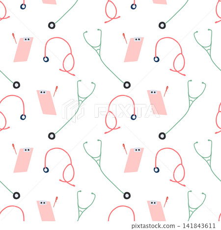 Stethoscope and medical tablet seamless pattern. Simple cartoon pattern with medical tools. Vector background for a medical center, clinic, print, web design. White background. Stethoscope and medical tablet seamless pattern. Simple cartoon pattern with medical tools. Vector background for a medical center, clinic, print, web design. White background. 141843611