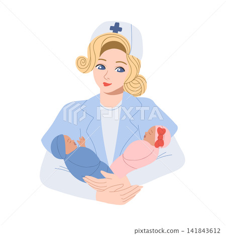 Midwife holding a babies in her arms. Vector hand drawn illustration. International Midwife Day. A smiling female doctor holds a newborn baby. Midwife holding a babies in her arms. Vector hand drawn illustration. International Midwife Day. A smiling female doctor holds a newborn baby. 141843612