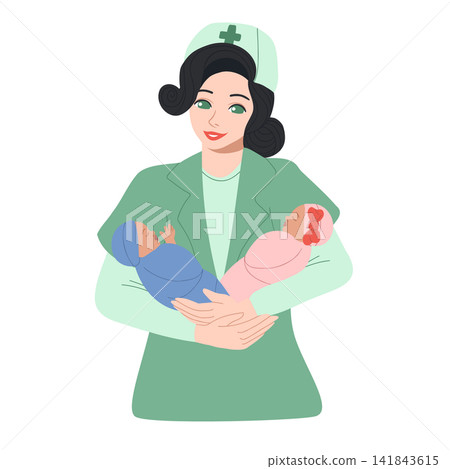 Midwife holding two babies in her arms. Vector hand drawn illustration. International Nurses Day. A smiling nurse holds twins. Pediatrician with newborn twins. Midwife holding two babies in her arms. Vector hand drawn illustration. International Nurses Day. A smiling nurse holds twins. Pediatrician with newborn twins. 141843615