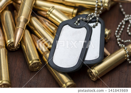 Blank military dog tags resting on rifle cartridges on wooden surface 141843989