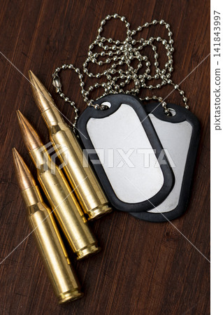 Blank military dog tags with three rifle cartridges on wooden surface Blank military dog tags with three rifle cartridges on wooden surface 141843997