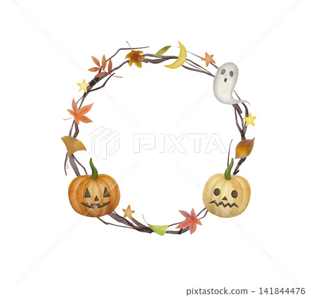 Halloween pumpkin and fallen leaf wreath Halloween pumpkin and fallen leaf wreath 141844476