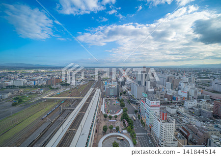 A wide-area panoramic view of the station square in front of Koriyama Station's west exit and the city center of Koriyama [Koriyama Station area, Fukushima Prefecture] 141844514