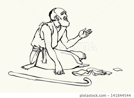 Vector drawing. Poor man sitting on the ground 141844544