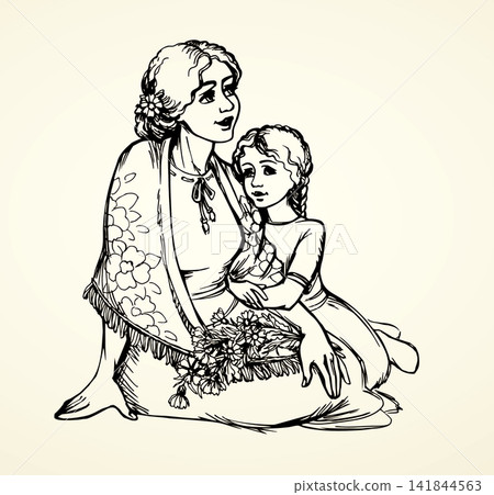 Vector drawing. Mother and daughter Vector drawing. Mother and daughter 141844563