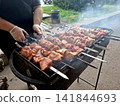 Wide angle view of outdoor barbecue mangal filled with multiple pork shashlik skewers roasting on charcoal coals for summer picnic feast 141844693