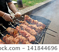 Close up of savory marinate pork meat skewers roasting over smoky charcoal coals on outdoor barbecue grill during summer picnic cooking 141844696
