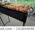 Golden juicy grilled chicken meat pieces cooking in wire mesh grate over outdoor barbecue charcoal mangal for summer picnic food preparation 141844698