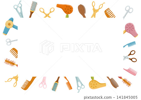Hairdressing tools square frame. Retro hair dryers, hairbrushes, scissors. Cartoon hand drawn vector  illustration. White background. Place for text. Cute print design for beauty salon. 141845005