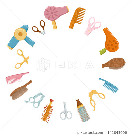 Hairdressing tools circle frame. Retro hair dryers, hairbrushes, scissors. Cartoon hand drawn vector illustration. Place for text. White background. Cute print design for beauty salon. Hairdressing tools circle frame. Retro hair dryers, hairbrushes, scissors. Cartoon hand drawn vector illustration. Place for text. White background. Cute print design for beauty salon. 141845006