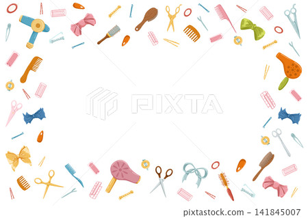 Hairdressing tools square frame. Retro hair dryers, hairbrushes, scissors. Cartoon hand drawn vector illustration. White background. Place for text. Cute print design for beauty salon. Hairdressing tools square frame. Retro hair dryers, hairbrushes, scissors. Cartoon hand drawn vector illustration. White background. Place for text. Cute print design for beauty salon. 141845007