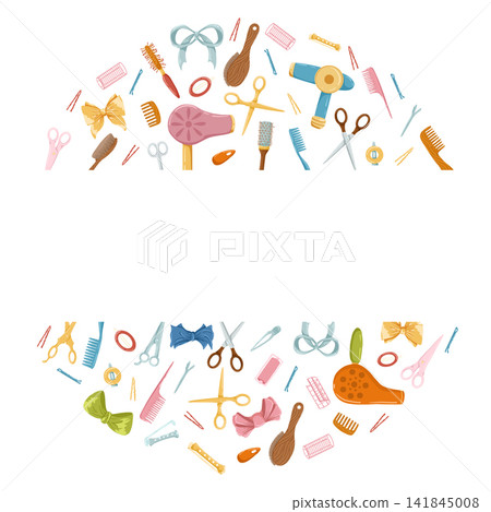 Hairdressing tools circle frame. Retro hair dryers, hairbrushes, scissors and different hair accessories. Cartoon hand drawn vector illustration. White background. Cute print design for beauty salon Hairdressing tools circle frame. Retro hair dryers, hairbrushes, scissors and different hair accessories. Cartoon hand drawn vector illustration. White background. Cute print design for beauty salon 141845008