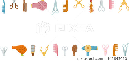 Hairdressing tools horisontal frame. Retro hair dryers, hairbrushes, scissors. Cartoon hand drawn vector illustration. Clipping mask. White background. Place for text. Cute print design Hairdressing tools horisontal frame. Retro hair dryers, hairbrushes, scissors. Cartoon hand drawn vector illustration. Clipping mask. White background. Place for text. Cute print design 141845010