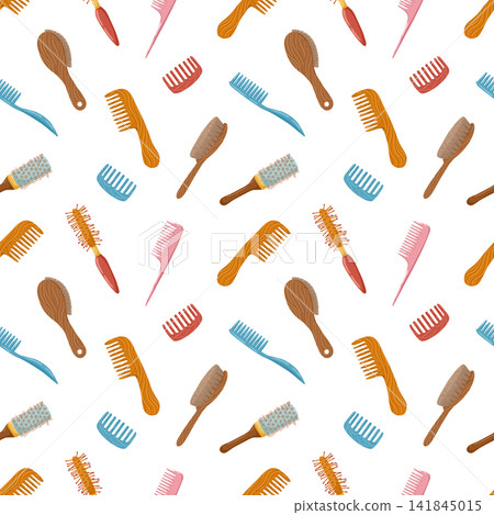 Hairbrush seamless pattern. Retro hair combs ornament. Cartoon hand drawn vector illustration. White background. Cute texture for print design, textile, backdrops. Hairbrush seamless pattern. Retro hair combs ornament. Cartoon hand drawn vector illustration. White background. Cute texture for print design, textile, backdrops. 141845015