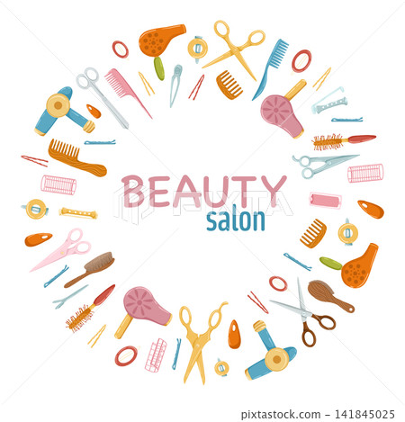 Hairdressing tools circle frame. Retro hair dryers, hairbrushes, scissors and different hair accessories. Cartoon hand drawn vector illustration. White background. Cute print design for beauty salon. Hairdressing tools circle frame. Retro hair dryers, hairbrushes, scissors and different hair accessories. Cartoon hand drawn vector illustration. White background. Cute print design for beauty salon. 141845025