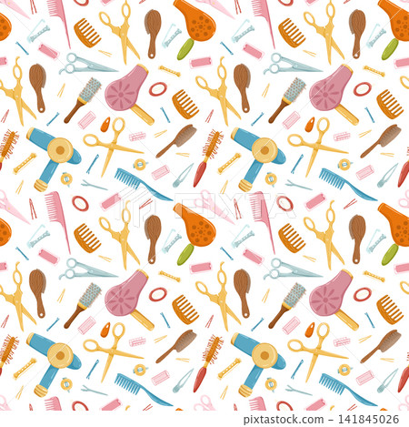 Hairdressing tools seamless pattern. Vector hair combs, scissors, hair clips, hair drier ornament. Cartoon hand drawn vector illustration in retro doodle style. White background. Hairdressing tools seamless pattern. Vector hair combs, scissors, hair clips, hair drier ornament. Cartoon hand drawn vector illustration in retro doodle style. White background. 141845026