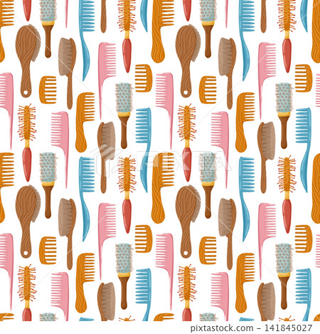 Hairbrush seamless pattern. Retro hair combs ornament. Trendy hair braiding accessory. Cartoon hand drawn vector illustration. White background. Cute texture for print design. Hairbrush seamless pattern. Retro hair combs ornament. Trendy hair braiding accessory. Cartoon hand drawn vector illustration. White background. Cute texture for print design. 141845027