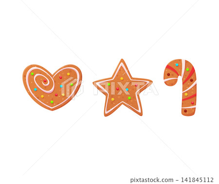 Christmas gingerbread cookies set. Winter Holidays biscuit ginger star, heart and candy. Cute sweet dessert decorated with icing Christmas gingerbread cookies set. Winter Holidays biscuit ginger star, heart and candy. Cute sweet dessert decorated with icing 141845112