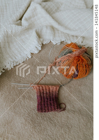 Colourful knitting yarn on knitting needles on cozy sofa. Knitting socks on needles on beige and white plaid. Creative hobbies. Knitting pattern for knitted socks. Ball of gradient wool yarn Colourful knitting yarn on knitting needles on cozy sofa. Knitting socks on needles on beige and white plaid. Creative hobbies. Knitting pattern for knitted socks. Ball of gradient wool yarn 141845148