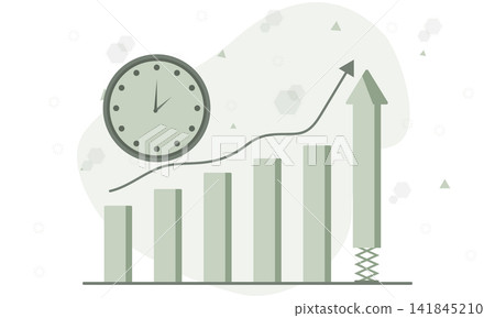 Graph rises upward with arrow and clock 141845210