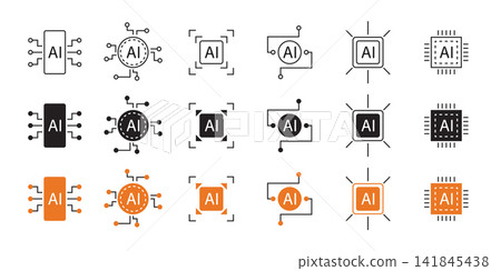 Modern artificial intelligence icon set featuring AI processors, neural networks, machine learning, automation, and digital technology symbols in outline, solid, and colored styles. Modern artificial intelligence icon set featuring AI processors, neural networks, machine learning, automation, and digital technology symbols in outline, solid, and colored styles. 141845438