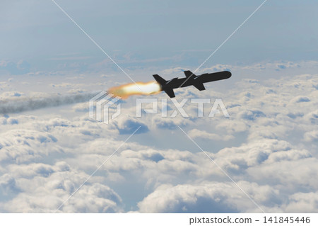 Military missile in flight against the background of sky and clouds. Military missile in flight against the background of sky and clouds. 141845446
