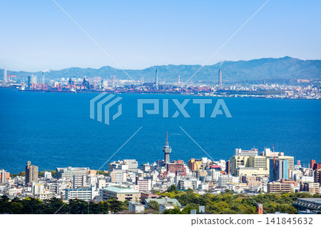 Overlooking Beppu Oita city area and Beppu Bay Overlooking Beppu Oita city area and Beppu Bay 141845632