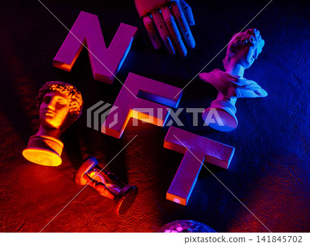 Classical sculpture busts with NFT letters and robotic hand illuminated by vibrant neon lighting Classical sculpture busts with NFT letters and robotic hand illuminated by vibrant neon lighting 141845702