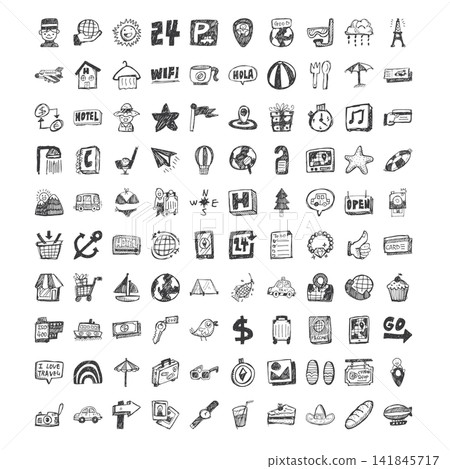 100 Hand Drawn Travel icons collection 100 Hand Drawn Travel icons collection 141845717