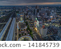 An aerial view of the station square in front of Koriyama Station's west exit and the city at dusk [Koriyama Station, Fukushima Prefecture] 141845739