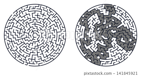 Two round mazes side-by-side: an unsolved puzzle on the left and the solved version with the correct path shaded in grey.  141845921