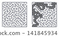Two side-by-side square mazes: a blank unsolved puzzle on the left and the solved version with a grey highlighted path on the right. 141845934