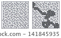 Two complex square mazes side-by-side: a blank puzzle on the left and its solution with a grey path highlighted on the right. 141845935