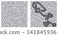 Two complex square mazes: an unsolved puzzle on the left and its solution with the correct path shaded in grey on the right. 141845936