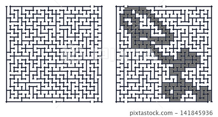 Two complex square mazes: an unsolved puzzle on the left and its solution with the correct path shaded in grey on the right. Two complex square mazes: an unsolved puzzle on the left and its solution with the correct path shaded in grey on the right. 141845936