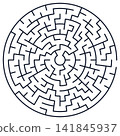 Black and white vector illustration of a complex circular maze puzzle with a central starting point and concentric paths. 141845937