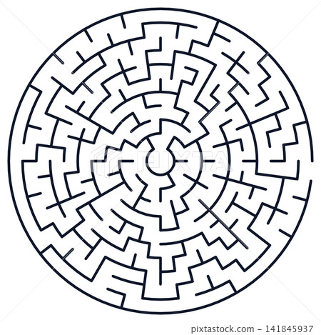 Black and white vector illustration of a complex circular maze puzzle with a central starting point and concentric paths. Black and white vector illustration of a complex circular maze puzzle with a central starting point and concentric paths. 141845937