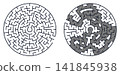 Two circular mazes side-by-side: an unsolved puzzle on the left and its solved version with a grey highlighted path on the right. 141845938