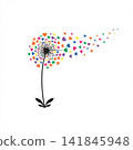 Stylized dandelion illustration with a black stem and colorful hearts blowing away like seeds on a white background. 141845948